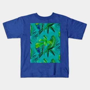 Elegant Tropical floral leaves botanical pattern,botanical pattern, tropical plants, green turquoise leaves pattern over a Kids T-Shirt